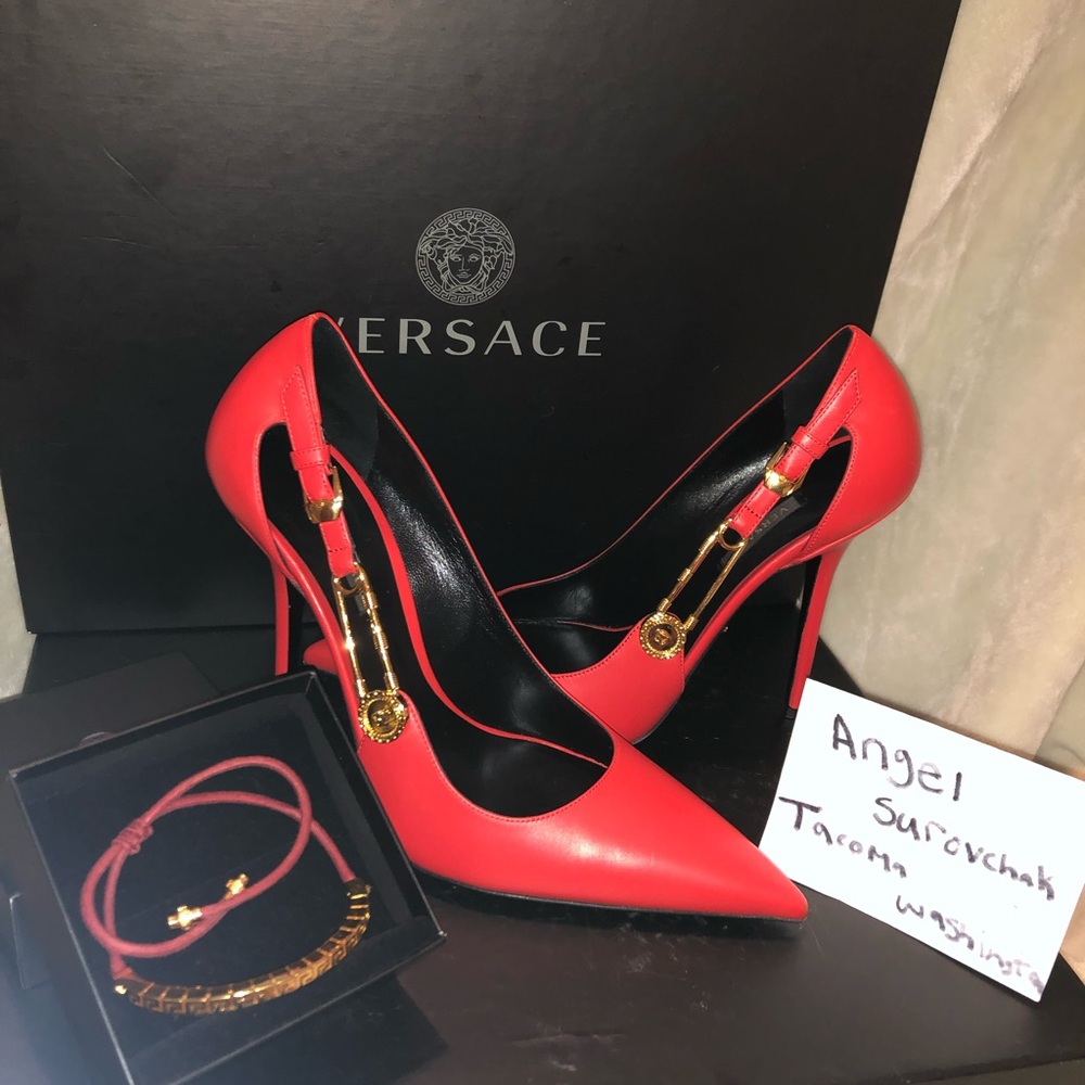 Versace Women's Red Safety Pin Stiletto Heels